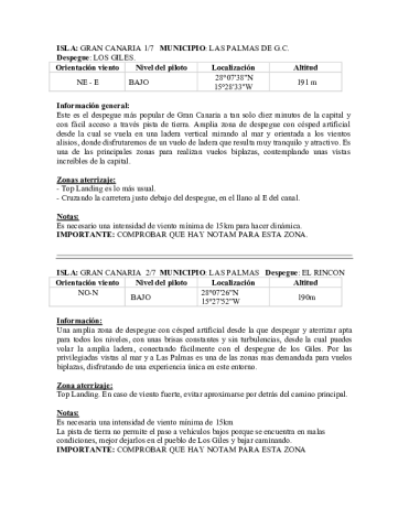 Gran Canaria - Fichas 17 puntos despegue parapente